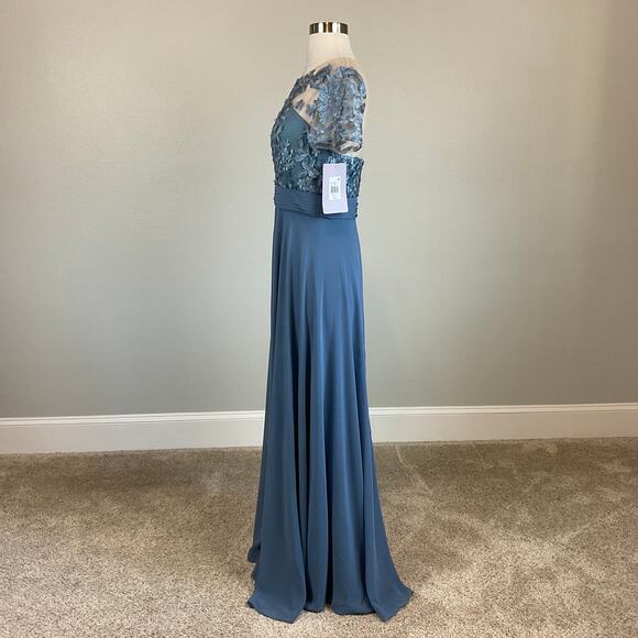 JS Collections Lace and Chiffon Evening Gown Blue Size 6 Short Sleeve Formal - Picture 6 of 13